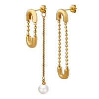 Boucles d'oreilles asymétriques, Acier titane, avec perle de plastique, Trombone, Placage, pour femme, plus de couleurs à choisir, 170x20x3mm, Vendu par paire