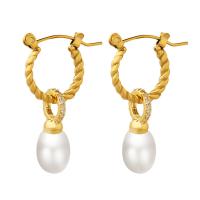 Titanium Steel  Earring, with Plastic Pearl, gold color plated, for woman & with rhinestone, golden, 31x11mm, Sold By Pair