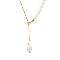Natural Freshwater Pearl Necklace, Titanium Steel, with Freshwater Pearl, with 1.97 extender chain, gold color plated, for woman, golden, Length:18.11 Inch, Sold By PC