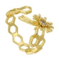 Cúbicos Circonia Micro Pave anillo de latón, metal, con cúbica circonia, Flor, chapado en color dorado, Joyería & ajustable & hueco, dorado, libre de níquel, plomo & cadmio, 14x12mm,5.5mm, tamaño:8, Vendido por UD