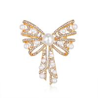 Rhinestone Brooch Zinc Alloy with Plastic Pearl Bowknot KC gold color plated for woman & with rhinestone nickel lead & cadmium free Sold By PC