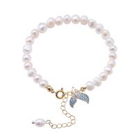 Freshwater Cultured Pearl Bracelet, Brass, with Freshwater Pearl, with 1.97inch extender chain, high quality plated, fashion jewelry & micro pave cubic zirconia & for woman, nickel, lead & cadmium free, Length:Approx 5.51 Inch, Sold By PC