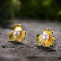 Brass Stud Earring with Plastic Pearl Three Leaf Clover plated fashion jewelry & for woman nickel lead & cadmium free 5mm Sold By Pair