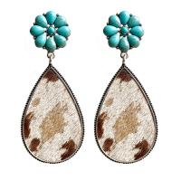 Turquoise Earring, Cowhide, with turquoise & Tibetan Style, fashion jewelry & for woman, more colors for choice, 80mm, 2Pairs/Bag, Sold By Bag