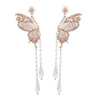 Fashion Fringe Boucles d'oreilles, alliage de zinc, avec Plastique ABS perle & résine & Acrylique, papillon, bijoux de mode & pour femme & avec strass, blanc, 108x33mm, Vendu par paire