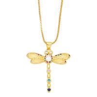 Brass Necklace with 5 extender chain Dragonfly 18K gold plated for woman & with rhinestone Length 45 cm Sold By PC