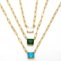 Brass Necklace, with 5 extender chain, Square, 18K gold plated, micro pave cubic zirconia & for woman, more colors for choice, 12x10mm, Length:42 cm, Sold By PC