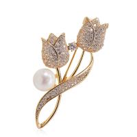 Rhinestone Brooch, Tibetan Style, with Plastic Pearl, Tulip, fashion jewelry & for woman & with rhinestone, more colors for choice, nickel, lead & cadmium free, 54x30mm, Sold By PC