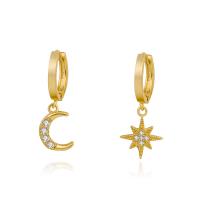 Asymmetric Earrings, Brass, Moon and Star, gold color plated, fashion jewelry & micro pave cubic zirconia & for woman, golden, nickel, lead & cadmium free, 10x24mm, Sold By Pair
