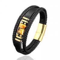 Bracelet cordon en cuir, avec oeil de tigre & Acier inoxydable 304, fait à la main, bracelet tressé & unisexe, plus de couleurs à choisir, 210mm, Vendu par PC