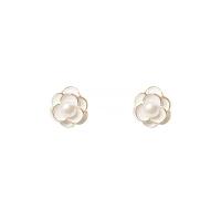 Tibetan Style Stud Earring, with Plastic Pearl, Flower, gold color plated, for woman & enamel, white, 12x12mm, Sold By Pair