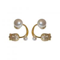 Zinc Alloy Stud Earring with Plastic Pearl Tulip gold color plated for woman & with rhinestone white Sold By Pair