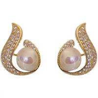 Tibetan Style Stud Earring, with Plastic Pearl, gold color plated, for woman & with rhinestone, 15x23mm, Sold By Pair