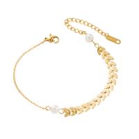 Titanium Steel Bracelet & Bangle, with ABS Plastic Pearl, gold color plated, fashion jewelry & for woman, golden, Length:23.5 cm, Sold By PC
