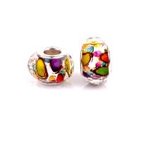 Resin European Beads, with Iron, Flat Round, silver color plated, DIY, multi-colored, 9x14mm, Approx 100PCs/Bag, Sold By Bag