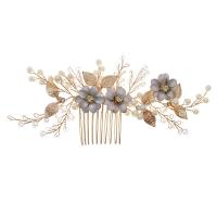 Braut Dekoratives Haarkämmchen, Kunststoff Perlen, mit Messingdraht, Blume, silberfarben plattiert, für Frau & mit Strass, goldfarben, 160x70mm, verkauft von PC