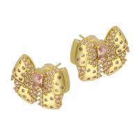 Cubic Zirconia Micro Pave Brass Earring Bowknot gold color plated fashion jewelry & micro pave cubic zirconia & for woman golden nickel lead & cadmium free Sold By Pair