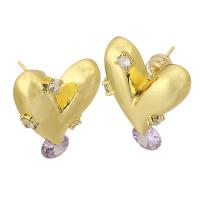 Boucles d'oreilles en laiton zircon cubique pavent, avec zircon cubique, coeur, Placage de couleur d'or, bijoux de mode & pour femme, doré, protéger l'environnement, sans nickel, plomb et cadmium, 27mm,20x23x7mm, Vendu par paire