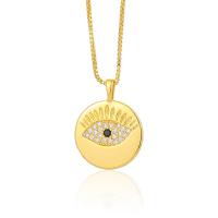 Дурной глаз ожерелье ювелирных изделий, Латунь, Плоская круглая форма, плакирован золотом, инкрустированное микро кубического циркония & Женский, золотой, 25x18mm, длина 48 см, продается PC