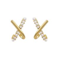 Tibetan Style Stud Earring, with Plastic Pearl, gold color plated, for woman & with rhinestone, 10x15mm, Sold By Pair