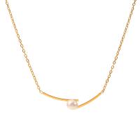 Stainless Steel Jewelry Necklace 304 Stainless Steel with Freshwater Pearl with 5cm extender chain Vacuum Ion Plating fashion jewelry & for woman golden Length 43 cm Sold By PC