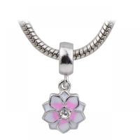 European Style Tibetan Style Dangle Beads, Flower, silver color plated, Unisex & enamel & with rhinestone, pink, nickel, lead & cadmium free, 12x28mm, Approx 100PCs/Bag, Sold By Bag