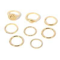 Set di anelli in lega di zinco, lega in zinco, placcato color oro, 8 pezzi & per la donna & con strass, Misura:6.5-9, Venduto da set