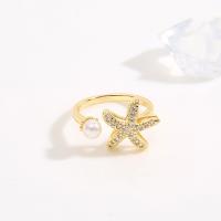Cubique anneau en laiton Circonia Micro Pave, avec perle de plastique, Plaqué d'or, Réglable & pavé de micro zircon & pour femme, Vendu par PC
