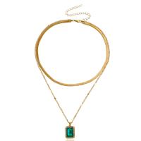 Mode-Multi-Layer-Halskette, Zinklegierung, mit Kristall, goldfarben plattiert, Doppelschicht & Modeschmuck & für Frau, zwei verschiedenfarbige, 20mm, Länge 46 cm, verkauft von PC