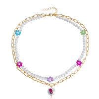 Mode-Multi-Layer-Halskette, Zinklegierung, mit ABS-Kunststoff-Perlen, goldfarben plattiert, Doppelschicht & Modeschmuck & für Frau, farbenfroh, 20mm, verkauft per 47 cm Strang