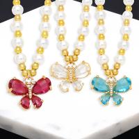 Plastic Pearl Necklace, Brass, with Plastic Pearl, with 5 extender chain, Butterfly, 18K gold plated, fashion jewelry & for woman & with cubic zirconia, more colors for choice, 19x22mm, Length:47 cm, Sold By PC