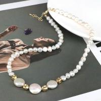 Freshwater Pearl Brass Chain Necklace, Pérolas de água doce, with cobre, with 1.97 extender chain, cromado de cor dourada, para mulher, branco, comprimento 14.96 inchaltura, vendido por PC