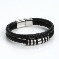 Bracelets cordon PU, cuir PU, avec acier inoxydable 316L, poli, Double couche & bijoux de mode & pour homme, noire, Longueur:21 cm, Vendu par PC