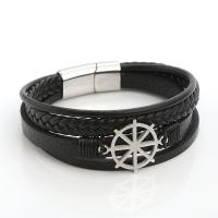 PU Leather Cord Bracelets, with 316L Stainless Steel, Ship Wheel, polished, fashion jewelry & multilayer & for man, black, nickel, lead & cadmium free, Length:21 cm, Sold By PC