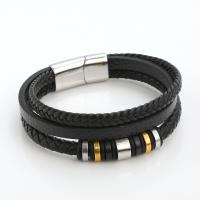PU Leather Cord Bracelets, with 316L Stainless Steel, Vacuum Ion Plating, fashion jewelry & multilayer & for man, black, nickel, lead & cadmium free, Length:21 cm, Sold By PC