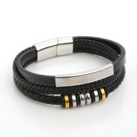 Bracelets cordon PU, Microfibre PU, avec acier inoxydable 316L, bijoux de mode & multicouche & pour homme, noire, protéger l'environnement, sans nickel, plomb et cadmium, Longueur 21 cm, Vendu par PC