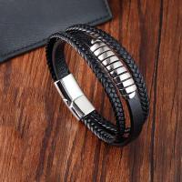 Bracelets cordon PU, cuir PU, avec Acier inoxydable 304, poli, trois couches & bijoux de mode & pour homme, noire, Longueur:21 cm, Vendu par PC
