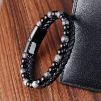 PU Leather Cord Bracelets, with Gemstone & 304 Stainless Steel, black ionic, fashion jewelry & for man, black, nickel, lead & cadmium free, Length:21 cm, Sold By PC