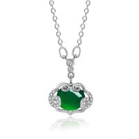 Cubic Zircon Micro Pave Brass Necklace with Green Calcedony with 5cm extender chain platinum color plated fashion jewelry & adjustable & micro pave cubic zirconia & for woman green nickel lead & cadmium free Length Approx 40 cm Sold By PC