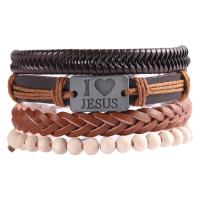 PU Leather Cord Bracelets, with Cowhide & Wood & Tibetan Style, 4 pieces & Unisex, Length:Approx 7.09 Inch, Sold By Set