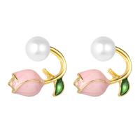 Zinc Alloy Stud Earring with Plastic Pearl Tulip fashion jewelry & for woman & enamel nickel lead & cadmium free Sold By Pair