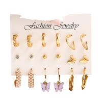 Zinc Alloy Earring Set with Plastic Pearl gold color plated nine pieces & fashion jewelry & for woman & with rhinestone nickel lead & cadmium free Sold By Set