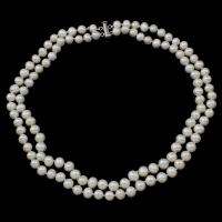 Freshwater Pearl Brass Chain Necklace, Pérolas de água doce, with cobre, Camada Dupla & joias de moda & para mulher, branco, 7-8mm, comprimento Aprox 17-18 inchaltura, vendido por PC