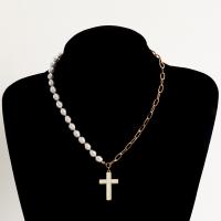 Plastik-Perlenkette, Zinklegierung, mit ABS-Kunststoff-Perlen & Acryl, Kreuz, goldfarben plattiert, Modeschmuck & für Frau, zwei verschiedenfarbige, 35mm, verkauft per 42 cm Strang