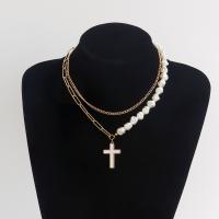 Mode-Multi-Layer-Halskette, Zinklegierung, mit ABS-Kunststoff-Perlen & Acryl, Kreuz, plattiert, Doppelschicht & Modeschmuck & für Frau, keine, 30mm, verkauft per 42 cm Strang