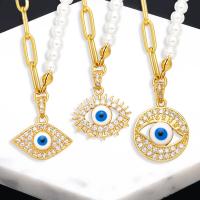 Evil Eye Biżuteria Naszyjnik, Mosiądz, ze Perła plastikowa, ze 5 przedłużeniami łańcuszka, Pozłacane 18K, biżuteria moda & różne style do wyboru & mikro utorować cyrkonia & dla kobiety, dostępnych więcej kolorów, 26x18mm, długość 45 cm, sprzedane przez PC