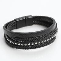 PU Leather Cord Bracelets, Tibetan Style, with PU Leather, polished, fashion jewelry & with rivet stud & for man, black, Length:21 cm, Sold By PC