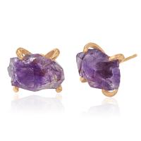 Natural Quartz Earrings Amethyst with Brass gold color plated for woman purple Sold By Pair