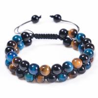 Bracelets Woven Ball pierres précieuses, oeil de tigre, avec Cordon de noeud & Obsidienne, Double couche & bijoux de mode & unisexe, 16mm, Longueur:Environ 7.5-11.8 pouce, Vendu par PC