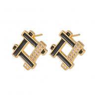 Cubic Zirconia Micro Pave Brass Earring Square gold color plated fashion jewelry & micro pave cubic zirconia & for woman & enamel nickel lead & cadmium free Sold By Pair